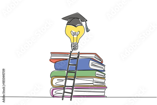 Single one line drawing lightbulb with toga floats above pile of thick books and ladder. Raising level of thinking for graduation. National Creativity Day. Continuous line design graphic illustration