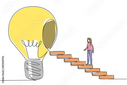 Single continuous line drawing woman walks up ladder towards big lightbulb with hole in center. Education increases the level of thinking. National Creativity Day. One line design vector illustration