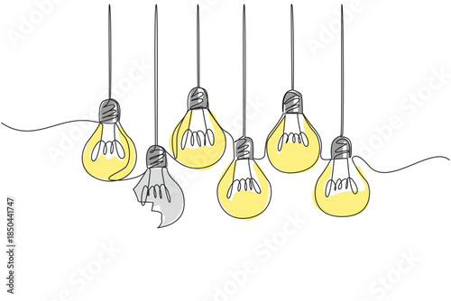 Single one line drawing 6 light bulbs hanging with one bulb broken. Parasite. The group destroyer. The most useless one. Broken. National Creativity Day. Continuous line design graphic illustration