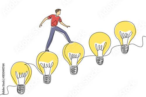 Single continuous line drawing a man walks on light bulbs arranged like stairs. Step carefully leaving wrong thoughts behind. Innovation. National Creativity Day. One line design vector illustration
