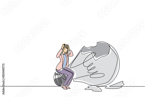 Continuous one line drawing a businesswoman sits on a broken lightbulb with both hands holds head. The plan failed completely. National Creativity Day. Single line draw design vector illustration