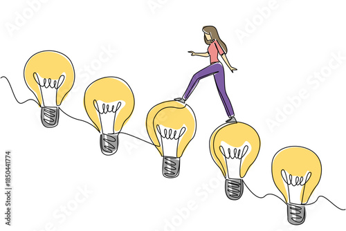 Continuous one line drawing a woman walks on lightbulbs arranged like stairs. Stepping slowly against laziness of thinking. Bright. National Creativity Day. Single line draw design vector illustration