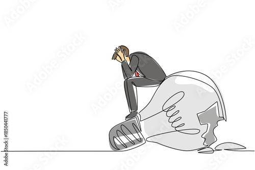 Single continuous line drawing a businessman sits on a broken lightbulb with both hands holds head. Ideas that failed to be implemented. National Creativity Day. One line design vector illustration