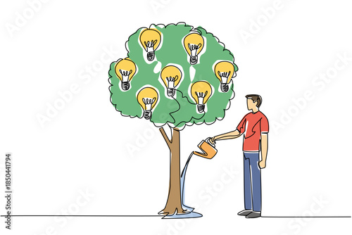 Single one line drawing a man watering a leafy tree that bears light bulbs. Taking good care of genius ideas. Investment of mind. National Creativity Day. Continuous line design graphic illustration