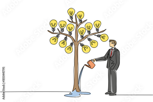 Single continuous line drawing businessman watering big tree bearing many fruits with lightbulb with watering can. Taking care of thoughts. National Creativity Day. One line design vector illustration