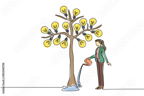 Continuous one line drawing a businesswoman watering big tree bearing many fruits with lightbulb with watering can. Mature thinker. National Creativity Day. Single line draw design vector illustration