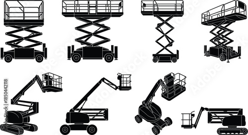 Scissor lift, aerial platform, silhouettes, construction, machinery, lifting, equipment, industrial, access, maintenance, boom, lift, vector, icons, black, isolated, white, background, set