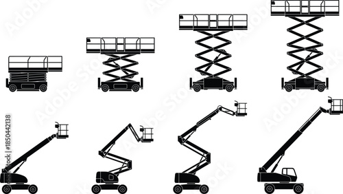 Scissor, lift, boom, lift, silhouettes, height, progression, aerial, platform, access, equipment, construction, industrial, machinery, safety, maintenance, vector, illustration, set, isolated