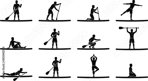 Stand up paddleboarding silhouettes set, SUP yoga balance poses, water sport activities, paddle board exercises, black vector icons, isolated white background