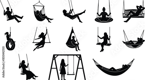 Swing silhouettes icon set, people relaxing and playing on swings hammocks chairs, leisure activity symbols isolated on white