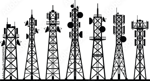 Telecommunications tower silhouettes, antenna configurations, satellite dishes, signal transmission, mobile network, broadcast infrastructure, wireless communication, black and white illustration