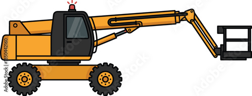 Telescopic handler illustration, mobile construction lifting vehicle with work platform, heavy industrial machinery equipment icon isolated on white
