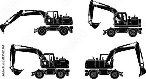 Wheeled excavator silhouette icon set, construction machinery illustrations, heavy equipment vehicles, digging machines, industrial engineering vector collection