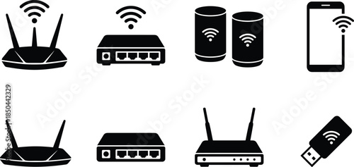 Wireless network device silhouettes icon set, wifi router modem smartphone usb adapter symbols, internet communication technology isolated on white background