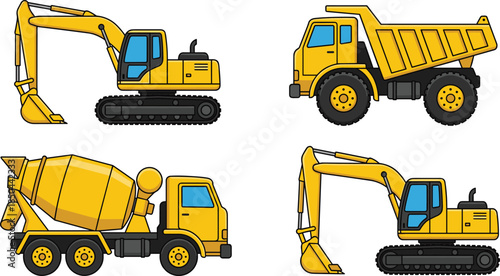 Yellow construction vehicles illustration set, excavator dump truck concrete mixer, heavy machinery equipment, industrial transport icons, vector design, isolated white background