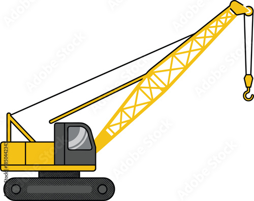 Yellow crawler crane illustration, heavy construction lifting machine, industrial engineering equipment, flat vector style, building site machinery, isolated white background