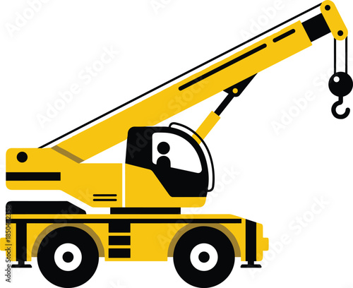 Yellow mobile crane illustration, construction lifting vehicle icon, industrial heavy machinery, flat vector design, engineering equipment, isolated white background