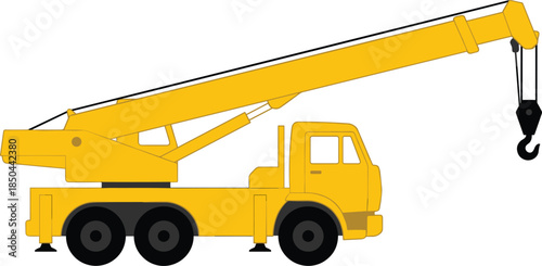 Yellow mobile crane truck illustration, hydraulic lifting construction vehicle with hook, heavy industrial machinery icon isolated on white