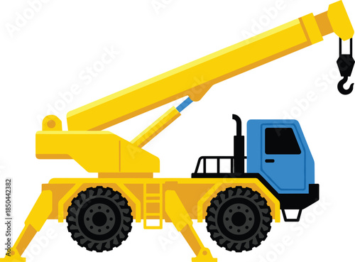 Yellow mobile crane vehicle illustration, hydraulic lifting construction machine with hook, industrial heavy equipment icon isolated on white background