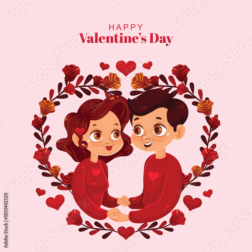 Valentine Couple Inside Heart Wreath Illustration
