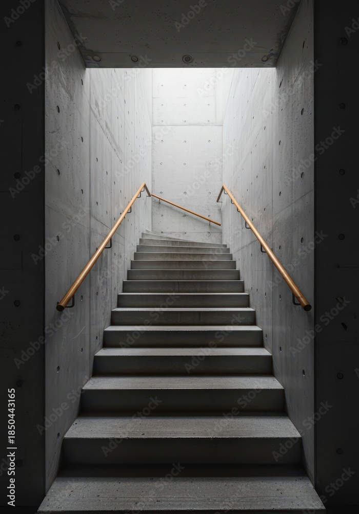 Fototapeta premium A modern winding concrete staircase leading up to an unseen destination, representing a long journey, future progress, and upward mobility, access, leading, ambition