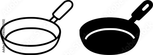 Kitchen utensils icon, frying pan illustration, black and white, outline and silhouette versions