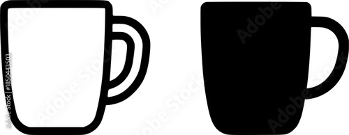 Kitchen utensils icon, cup illustration, black and white, outline and silhouette versions