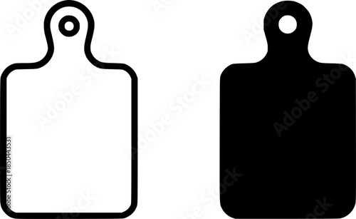 Kitchen equipment icon, cutting board illustration, black and white, outline and silhouette versions