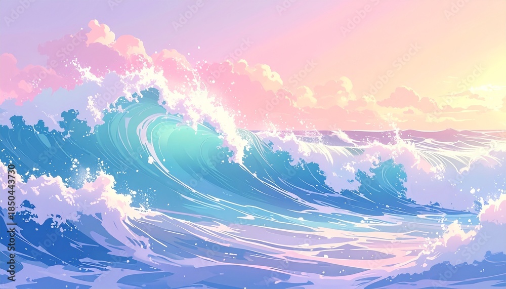 Fototapeta premium Dynamic Big Wave Scenery Wrapped in Fantastical Light: A Vibrant Ocean Background Rendered in a Stunning Animation Style