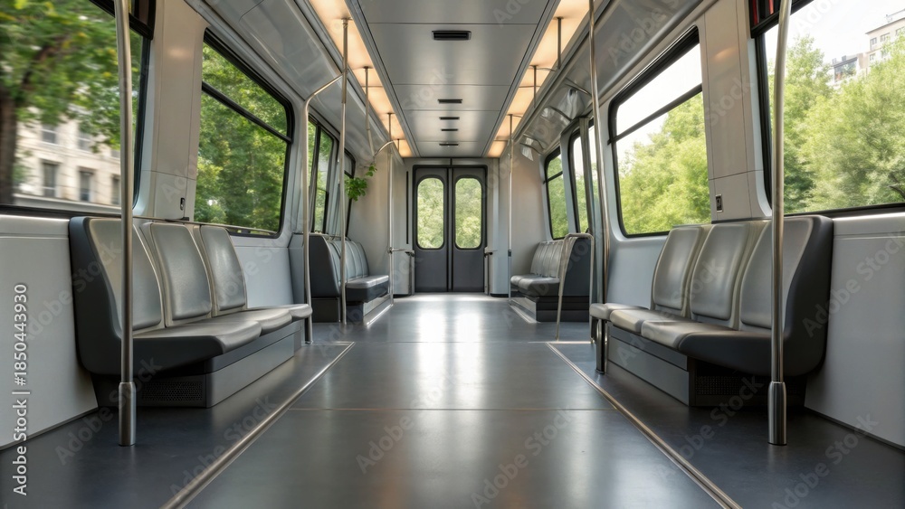 Obraz premium A modern subway interior with empty seats, sleek design, and large windows showcasing greenery outside.