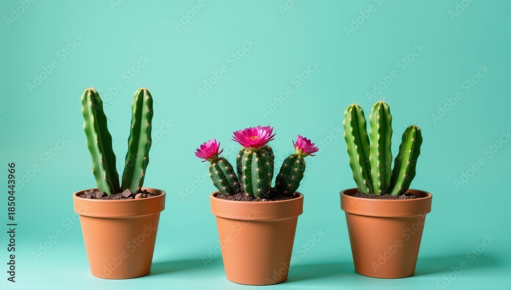 Fototapeta premium Opuntia cacti in terracotta pots, minimalist scene with ample copy space, background, studio shot