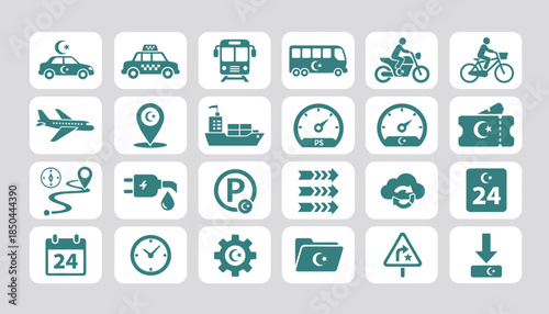 Vector icons Collection of Transportation and Technology Icons with Islamic Symbols. EPS Editable