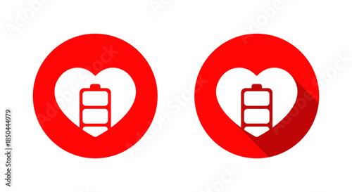Heart battery icon with long shadow. Love power, life energy symbol