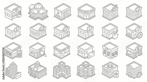 Vector Icons Set of Collection of Isometric Building Icons in Outline Style. EPS Editable