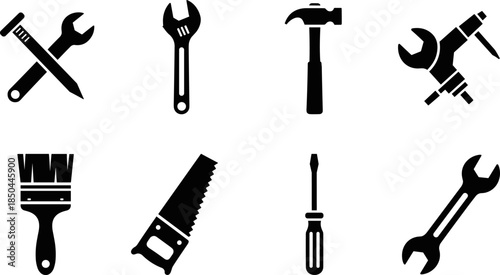 Black silhouette vector set of essential hand tools including wrench, hammer, nail, saw, screwdriver, and paintbrush, depicting repair, maintenance, construction, DIY, and workshop equipment.