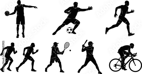 Black silhouette vector set of diverse male and female athletes in various poses, depicting running, cycling, soccer, tennis, baseball, and basketball, 