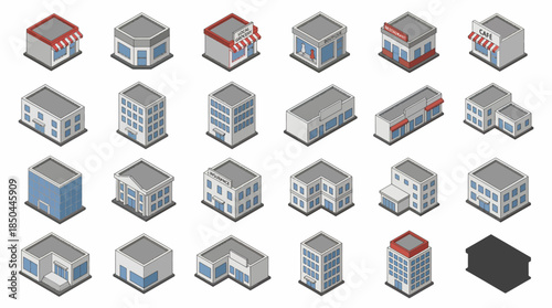 Vector Icons Set of Isometric Buildings Collection Diverse Architectural Structures for Urban and Commercial Design. EPS Editable