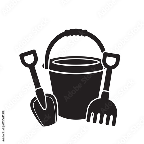 Sand Toys Bucket Shovel Rake Black Silhouette Isolated Icon