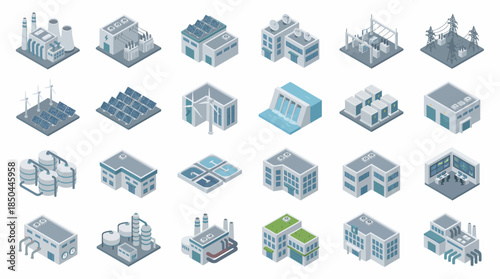 Vector Icons Set of Isometric Collection of Modern Industrial and Commercial Buildings 1. EPS Editable