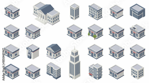 Vector Icons Set of Isometric Collection of Various Building Types and Architectural Styles. EPS Editable