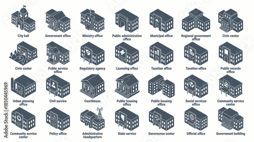 Vector Icons Set of Isometric Collection of Various Building Types for City Planning and Architecture. EPS Editable