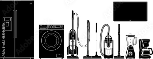 Black silhouette vector set of home household appliances including refrigerator, washing machine, vacuums, TV, blender, and coffee maker, depicting modern technology and domestic life.