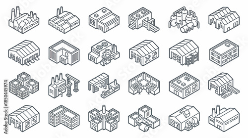 Vector Icons Set of Isometric Factory and Warehouse Buildings Line Art Set. EPS Editable