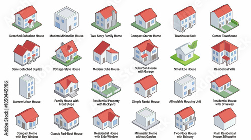 Vector Icons Set of Isometric House Types and Residential Buildings Collection. EPS Editable