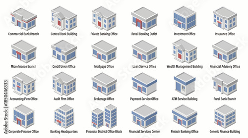 Vector Icons Set of Isometric Office Buildings Collection Modern and Traditional Architectural Designs for Business and Financial Institutions. EPS Editable