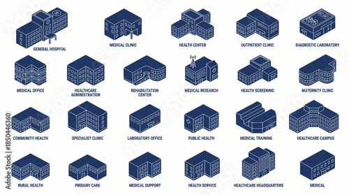Vector Icons Set of Isometric Smart City Building Icons Set Urban Planning Technology Infrastructure Design. EPS Editable