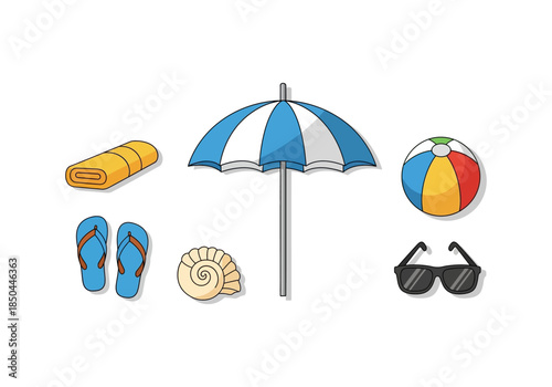 Summer Beach Vacation Icons Set with Umbrella, Sunglasses, Flip Flops, and Beach Accessories