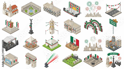Vector Icons Set of Isometric Mexican Landmarks and Cultural Icons Collection. EPS Editable
