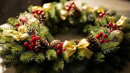 Christmas wreath with pinecones, red berries, and gold bows on white surface for holiday decoration