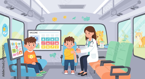 Doctor Examining Child in Train Interior.